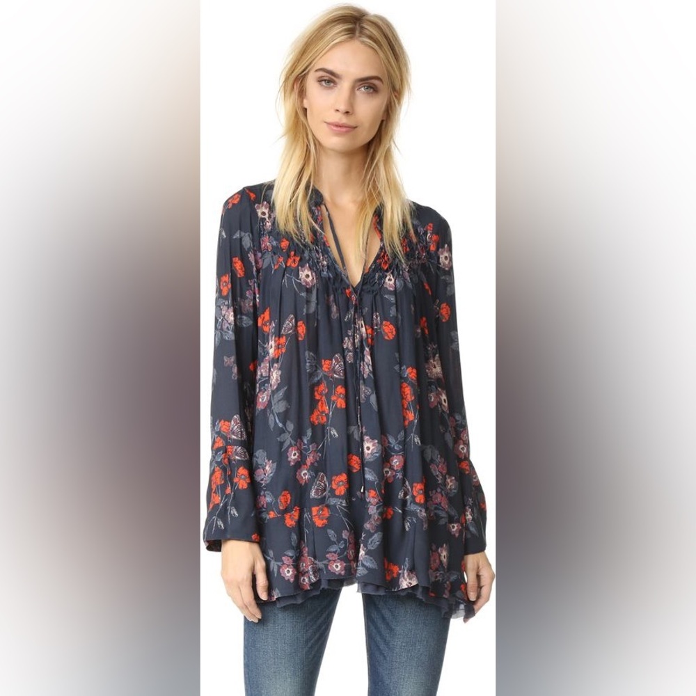 Free People Pebble Crepe So Fine Smoked Tunic Top Gray M Floral Front OB534382